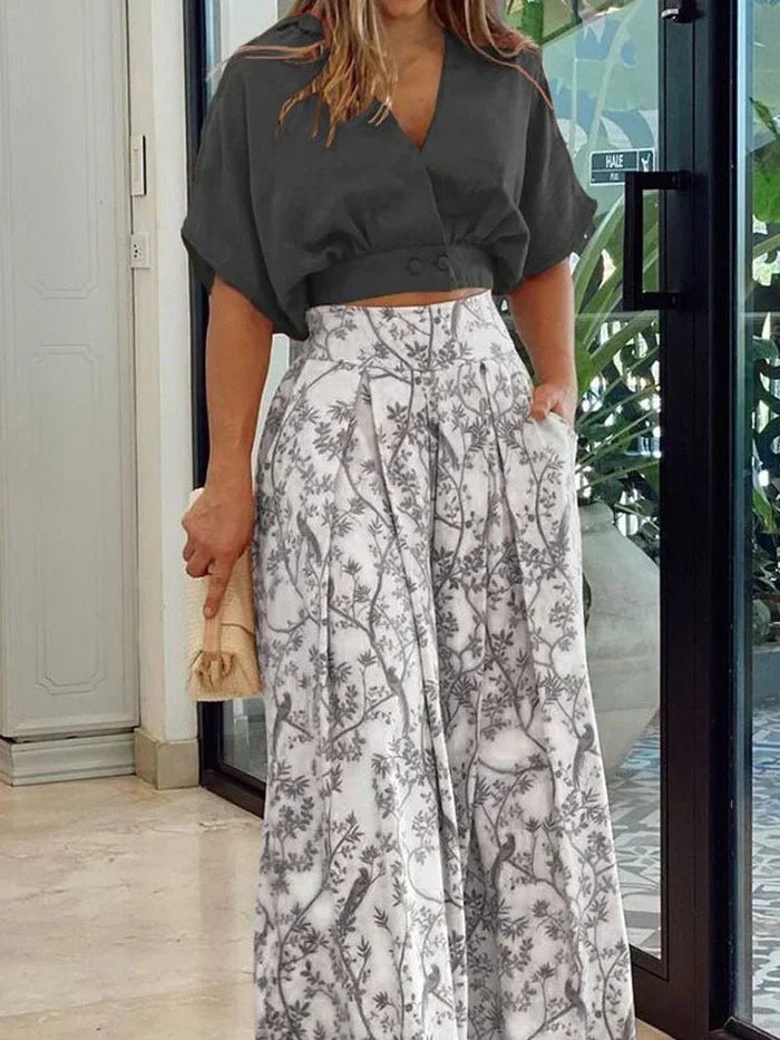 Damska Zestaw Skoordynowane Bluzka & Spodnie | Szerokie Nogi